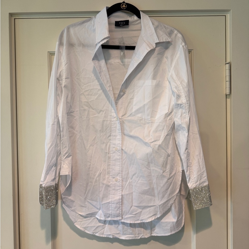 Vici women’s  White Shirt with Glittering Silver Cuffs